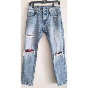 Levi's Light Blue Distressed Straight Jeans with Red Plaid Patch